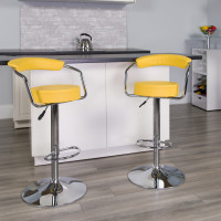 Flash Furniture Contemporary Yellow Vinyl Adjustable Height Bar Stool with Arms and Chrome Base CH-TC3-1060-YEL-GG